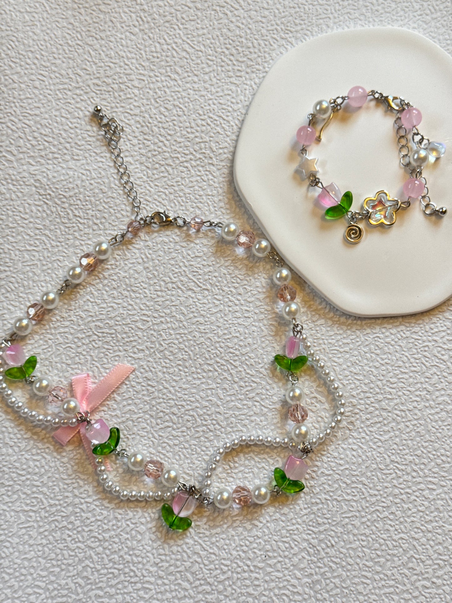Tulip Pearl Flower Bowknot Bracelet & Necklace