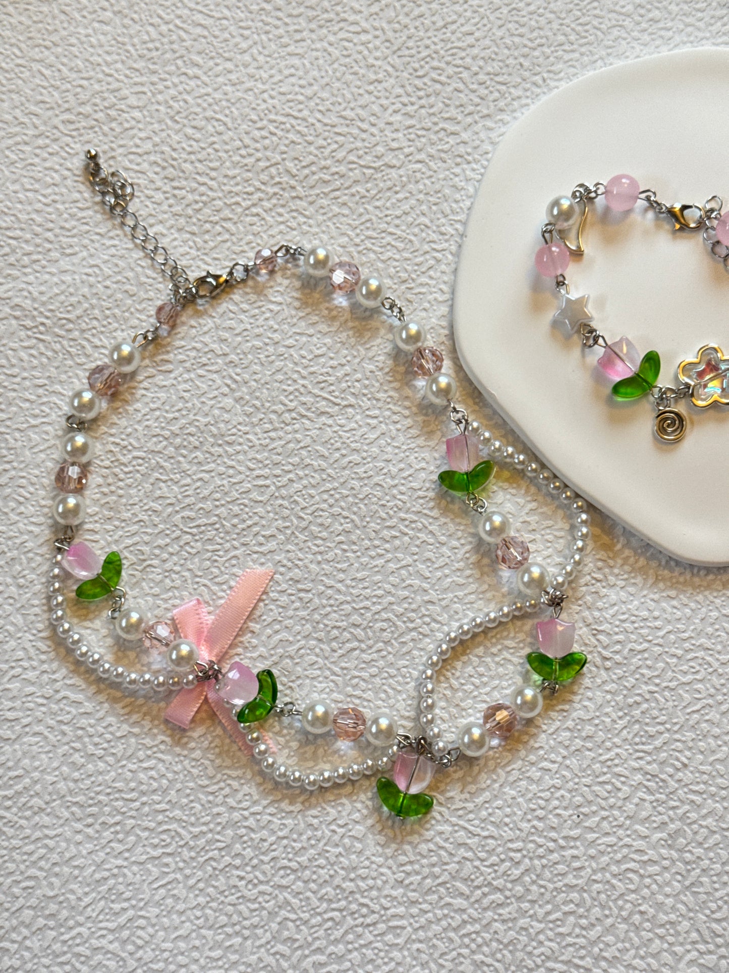 Tulip Pearl Flower Bowknot Bracelet & Necklace