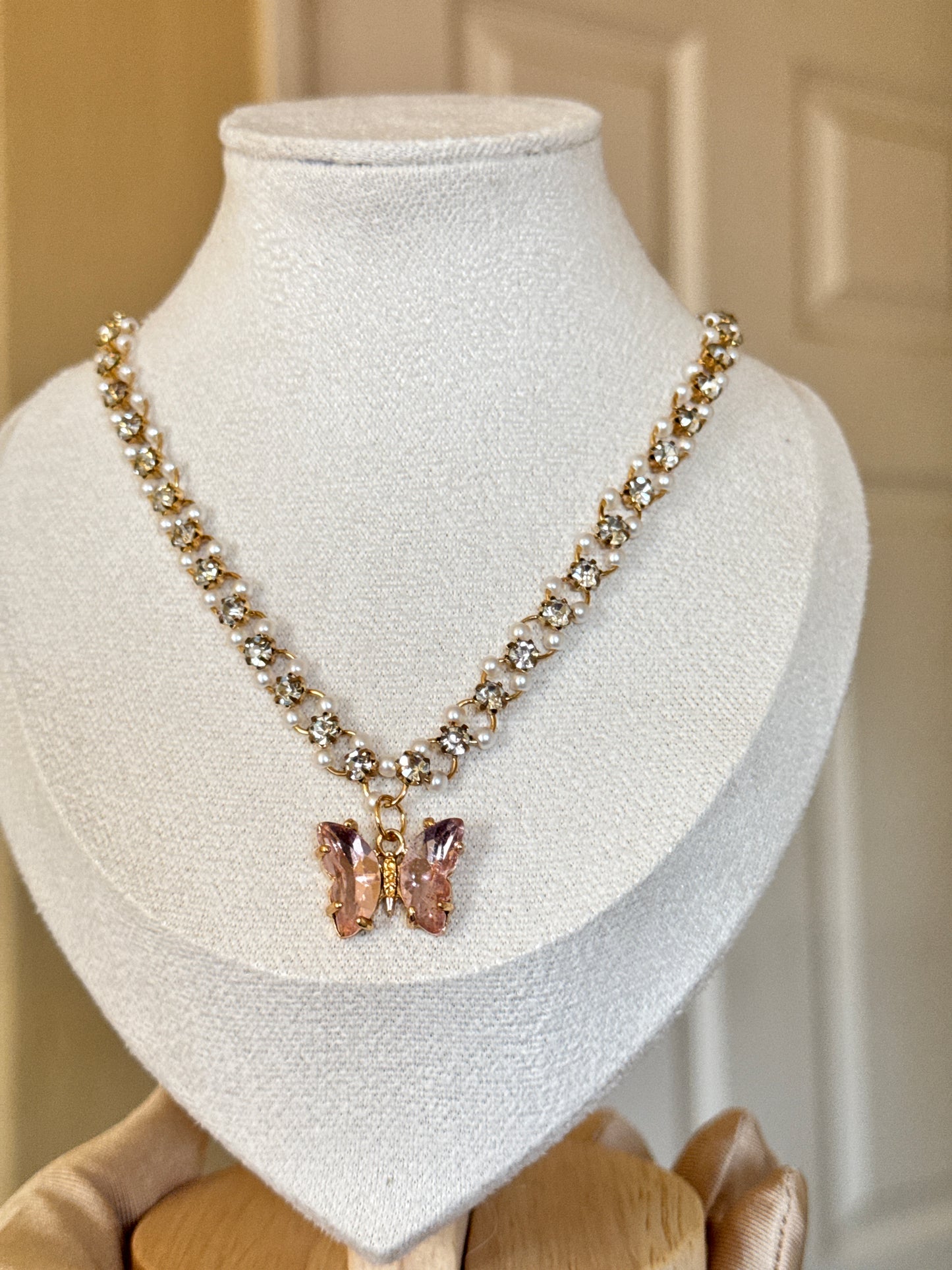 Pink Butterfly Pearl Stone Necklace
