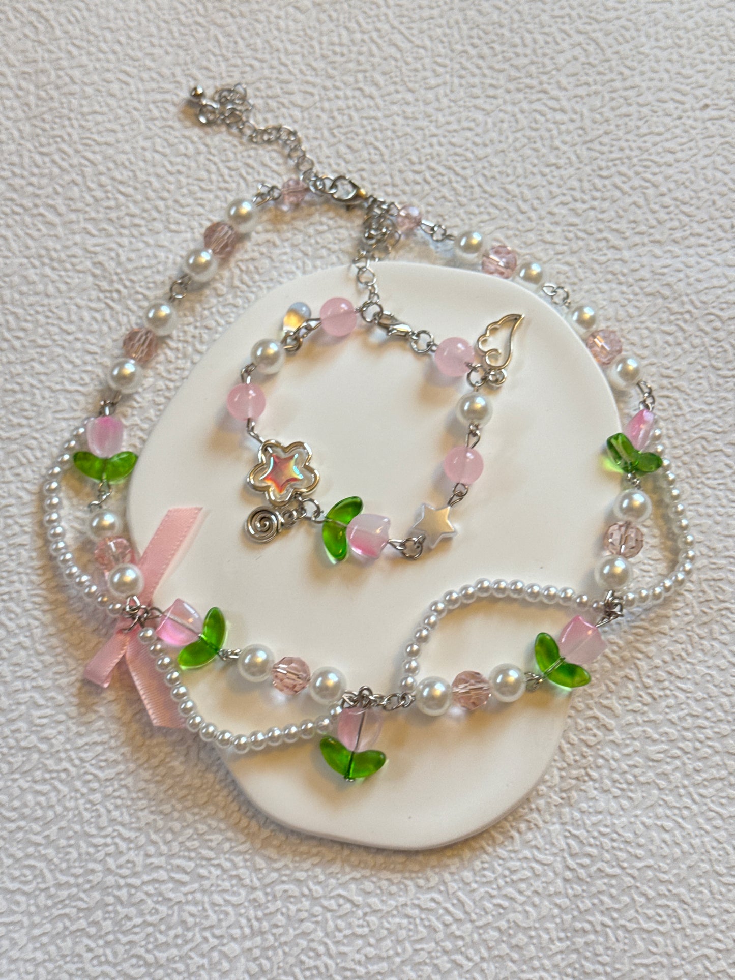 Tulip Pearl Flower Bowknot Bracelet & Necklace