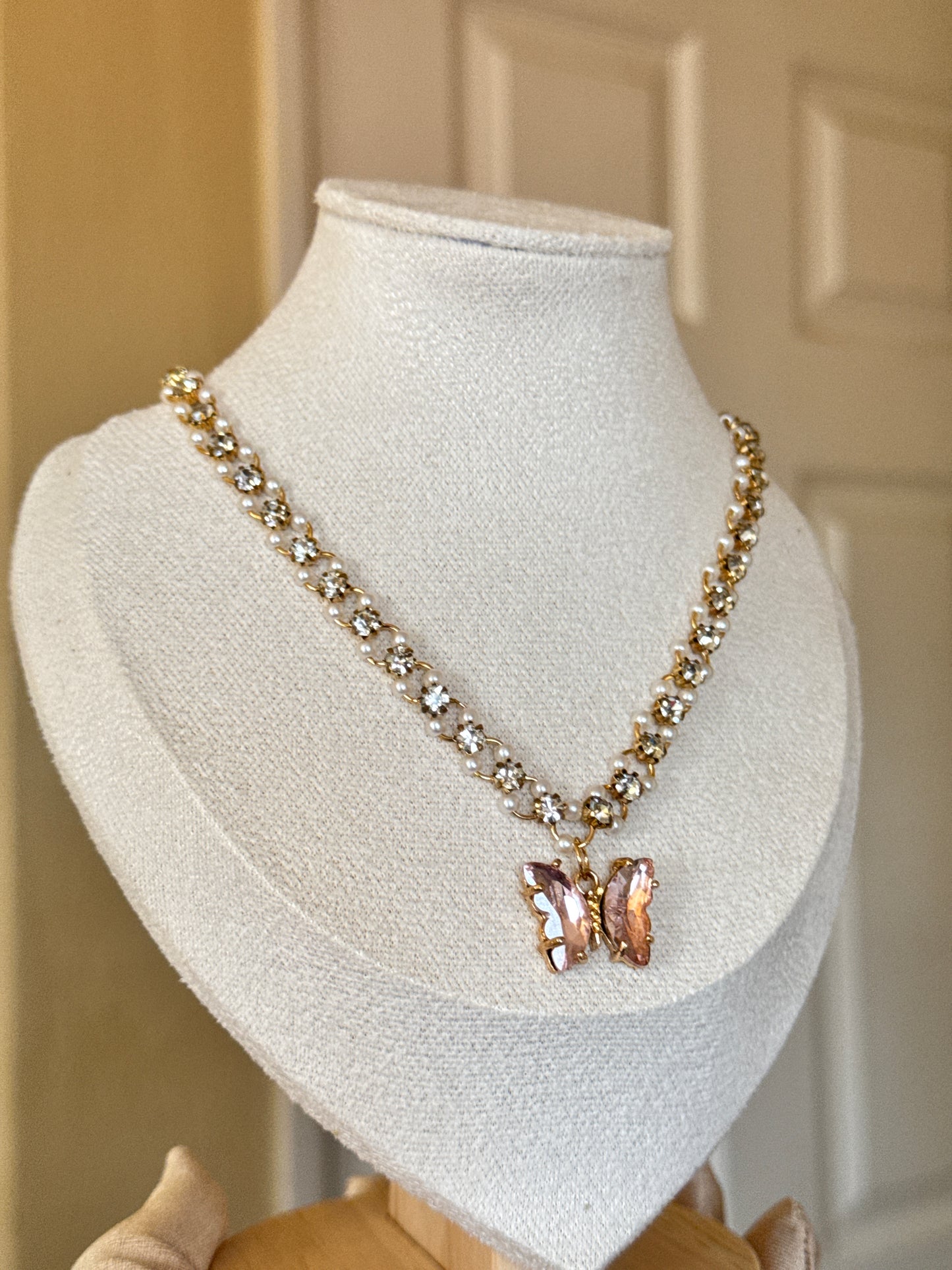 Pink Butterfly Pearl Stone Necklace