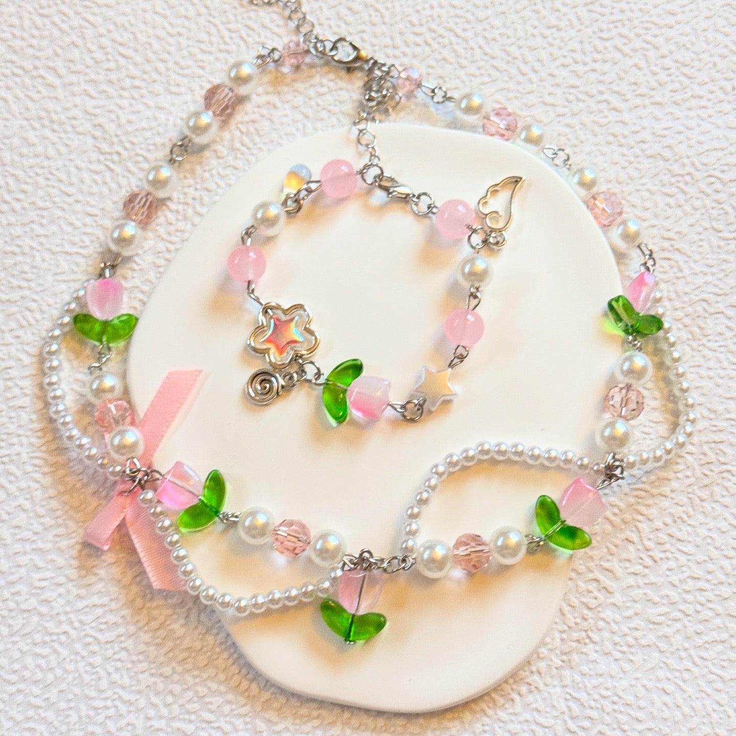 Tulip Pearl Flower Bowknot Bracelet & Necklace