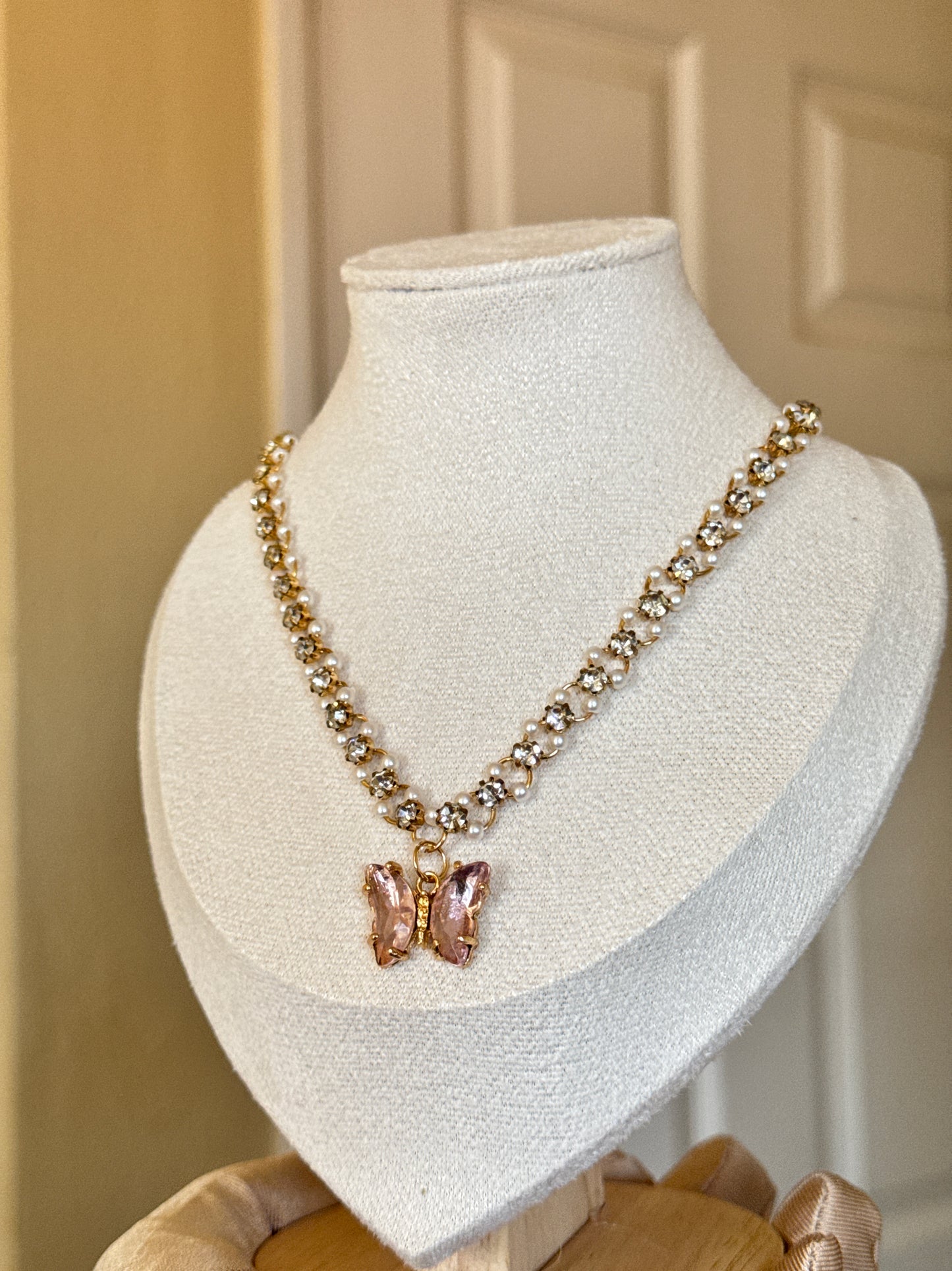 Pink Butterfly Pearl Stone Necklace