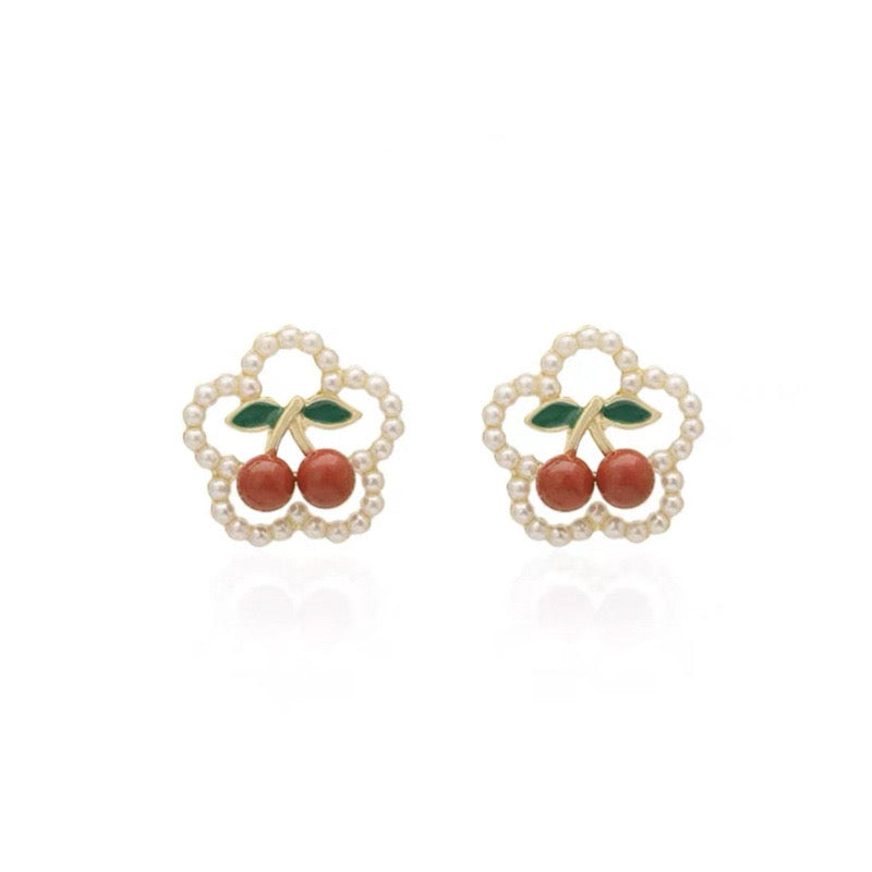 Red Cherry Earrings with Exquisite Pearl Accent