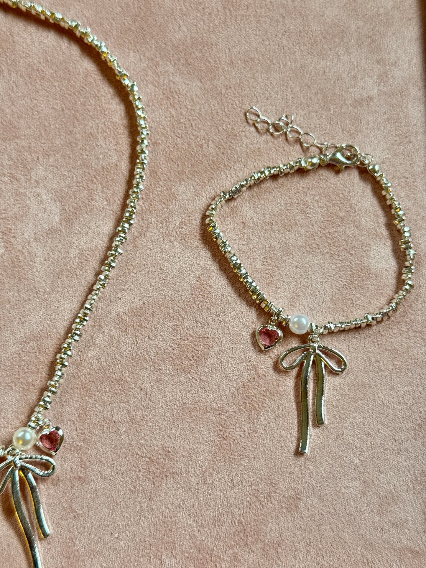 Ballet style bow necklace and bracelet Set - stacking light luxury niche silver clavicle chain