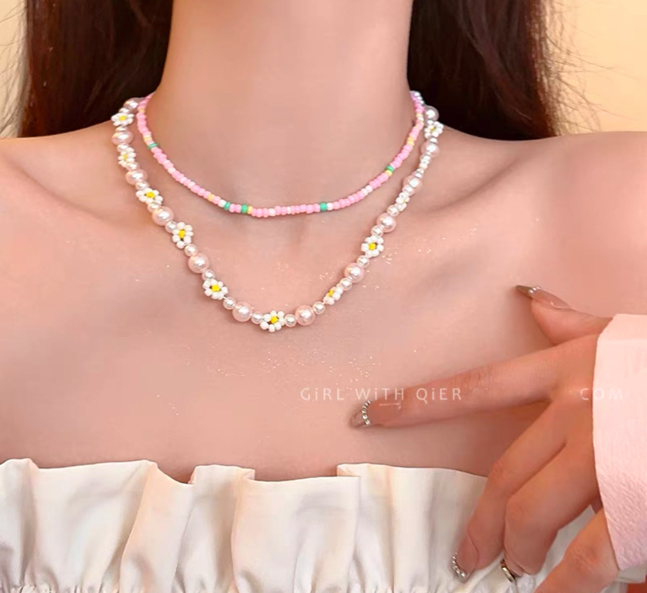 Pink Beaded Flower Double Necklace