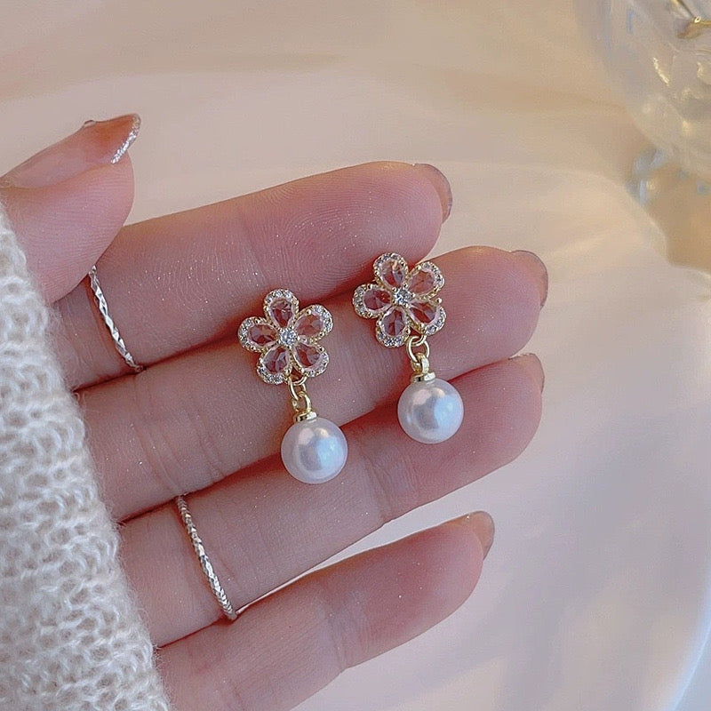 S925 Pink Zircon Flower Pearl Earrings for Women