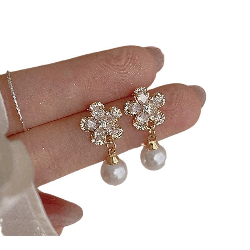 S925 Pink Zircon Flower Pearl Earrings for Women