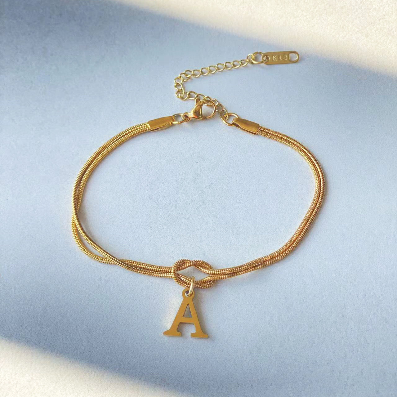 Stainless Steel Gold Plated Snake Bone Knot Bracelet Chain - Letter Initial Design