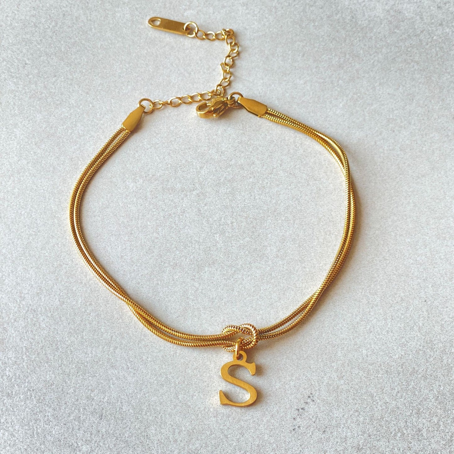 Stainless Steel Gold Plated Snake Bone Knot Bracelet Chain - Letter Initial Design