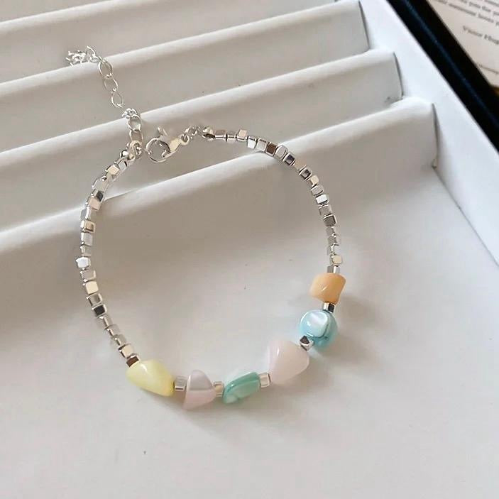Colorful Natural Stone Crushed Silver Stitched Double-Layered Pearl Necklace and bracelet sets for Women