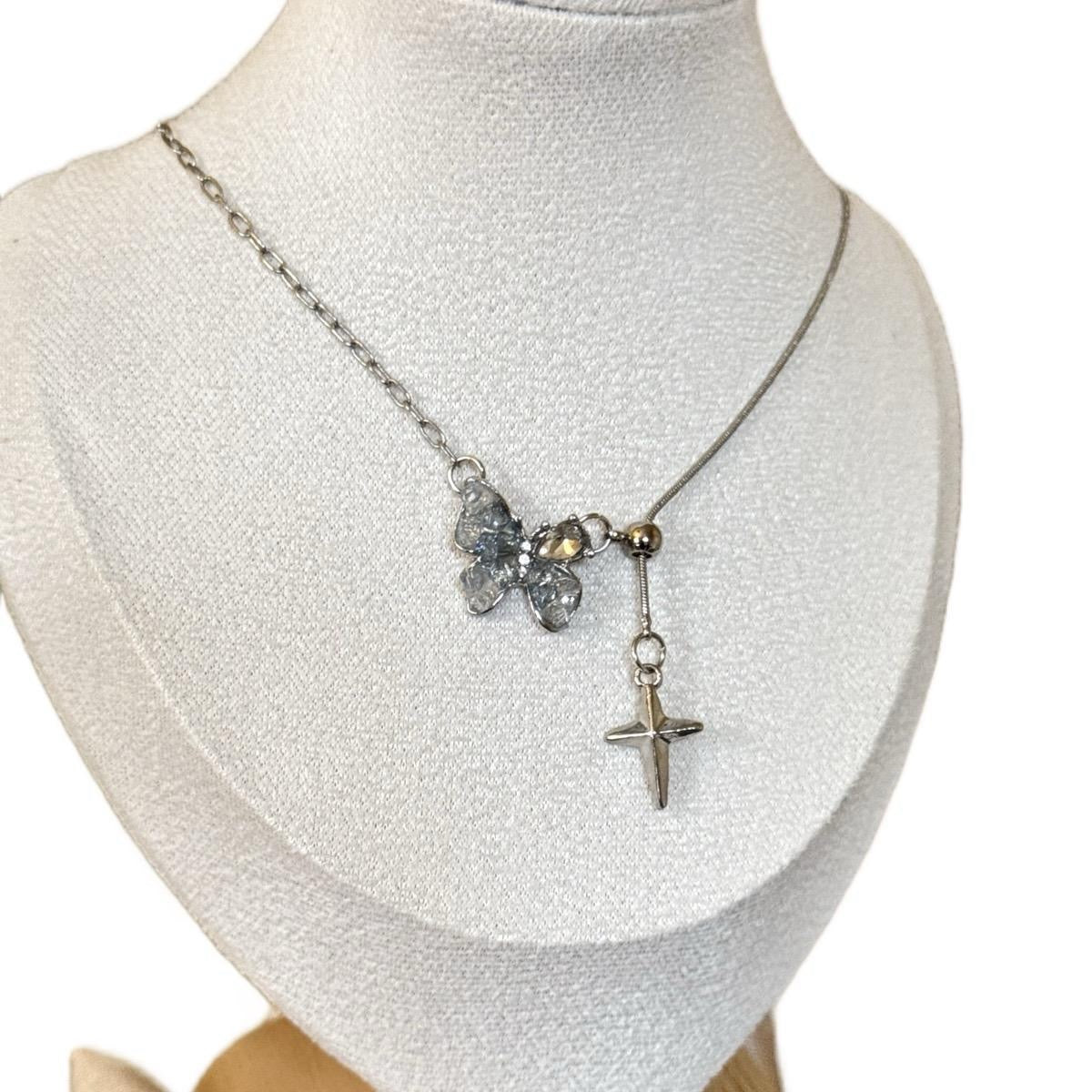 crushed ice blue butterfly drawstring snake bone chain summer necklace sweet cool style clavicle chain temperament niche jewelry Necklaces