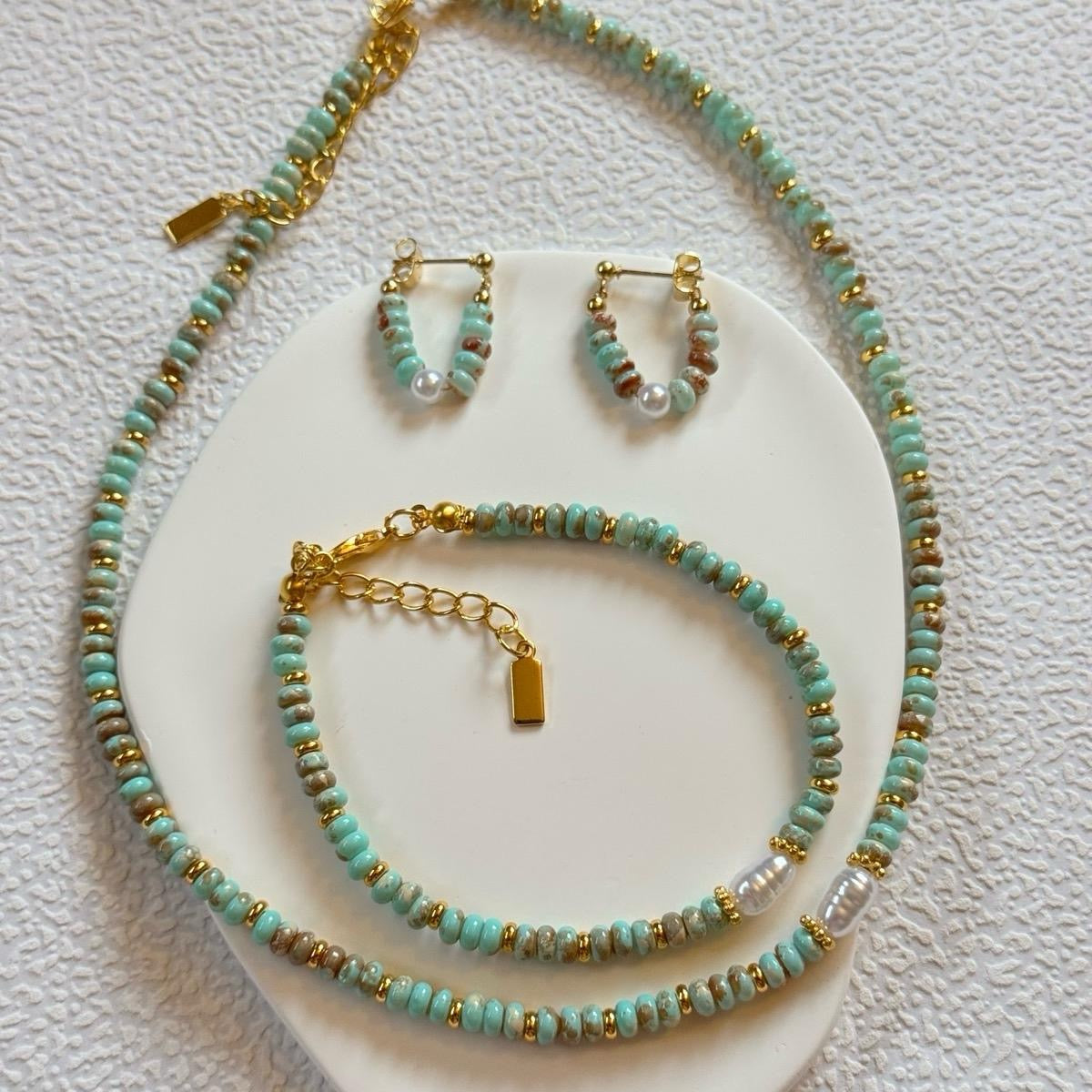 3pc Set Rice Pearl beaded necklace ,Earrings & Bracelet necklace girlfriend accessory