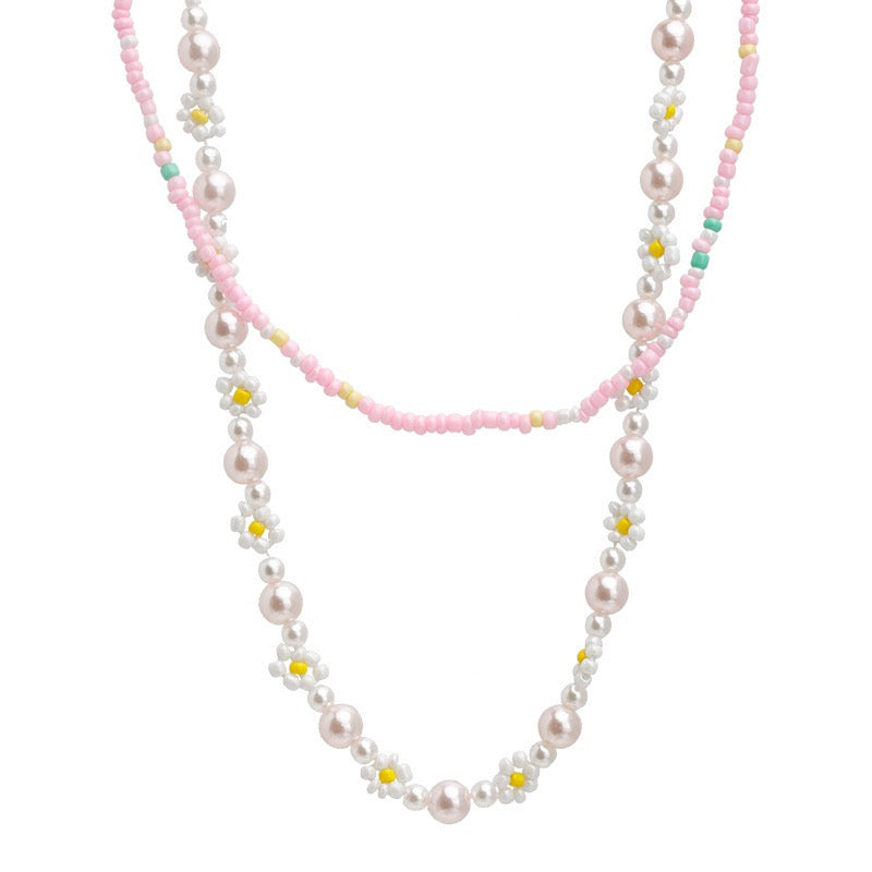 Pink Beaded Flower Double Necklace