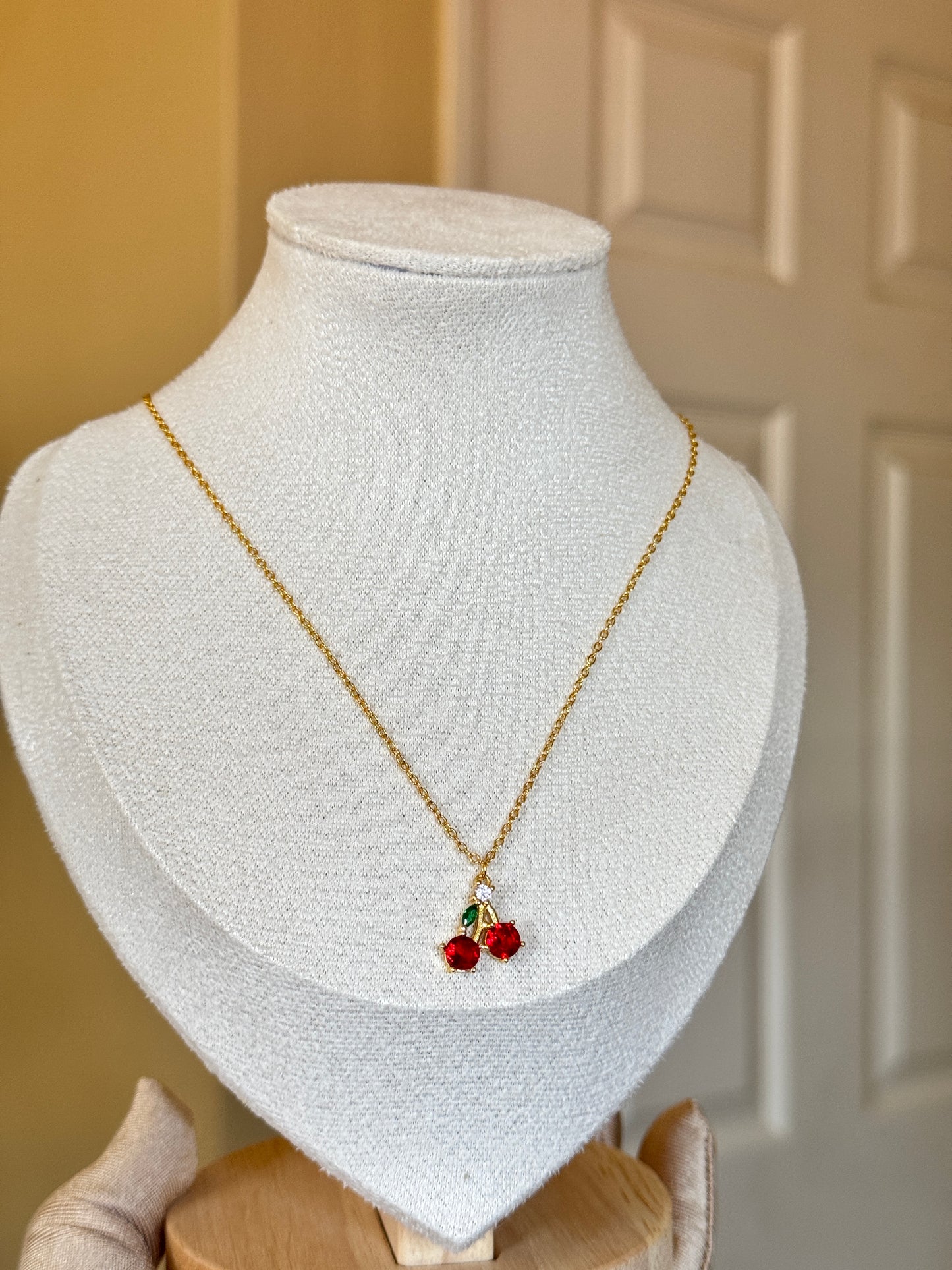 Cherry Colored Zirconia Fruit Necklace