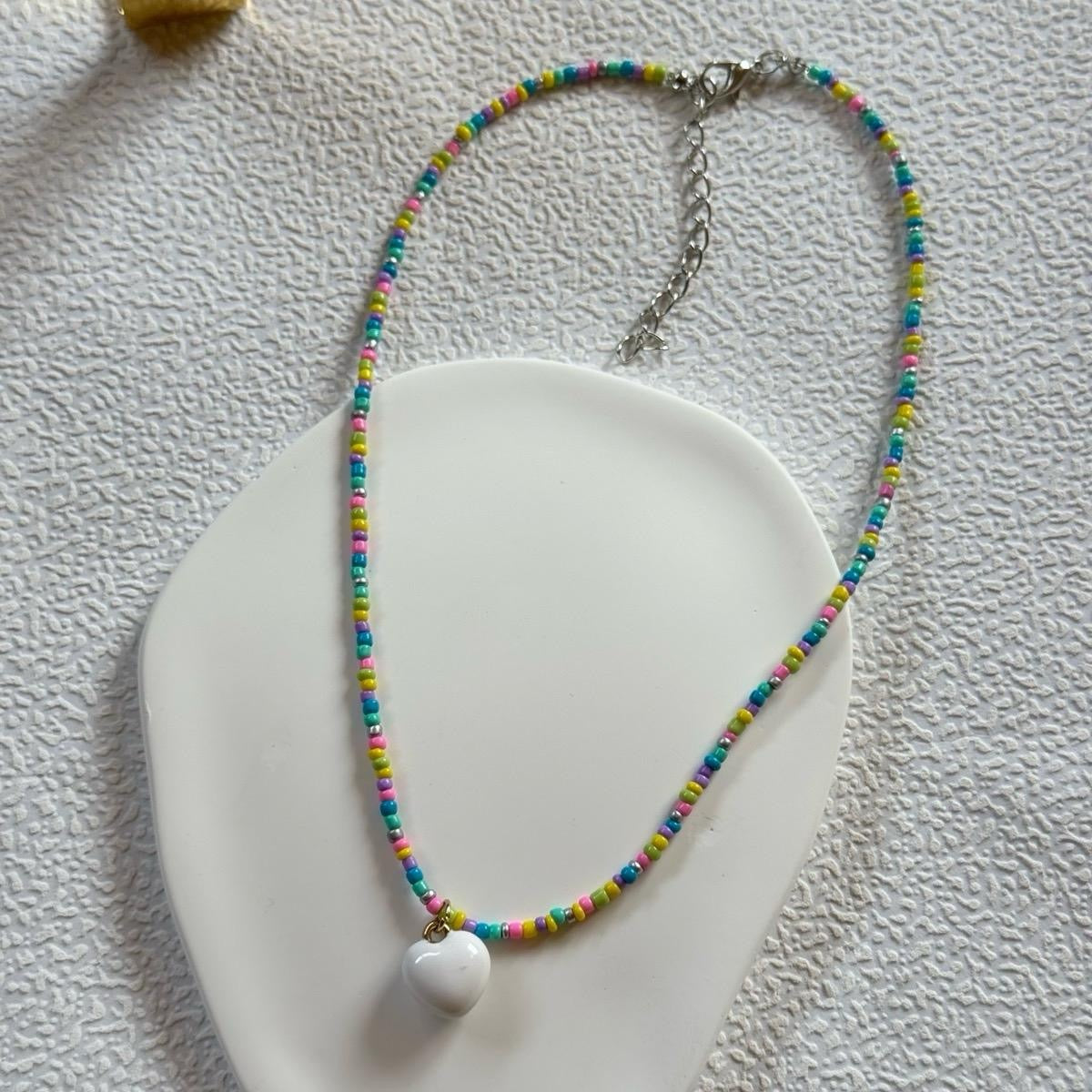 Multi-color~Candy color beaded heart necklace