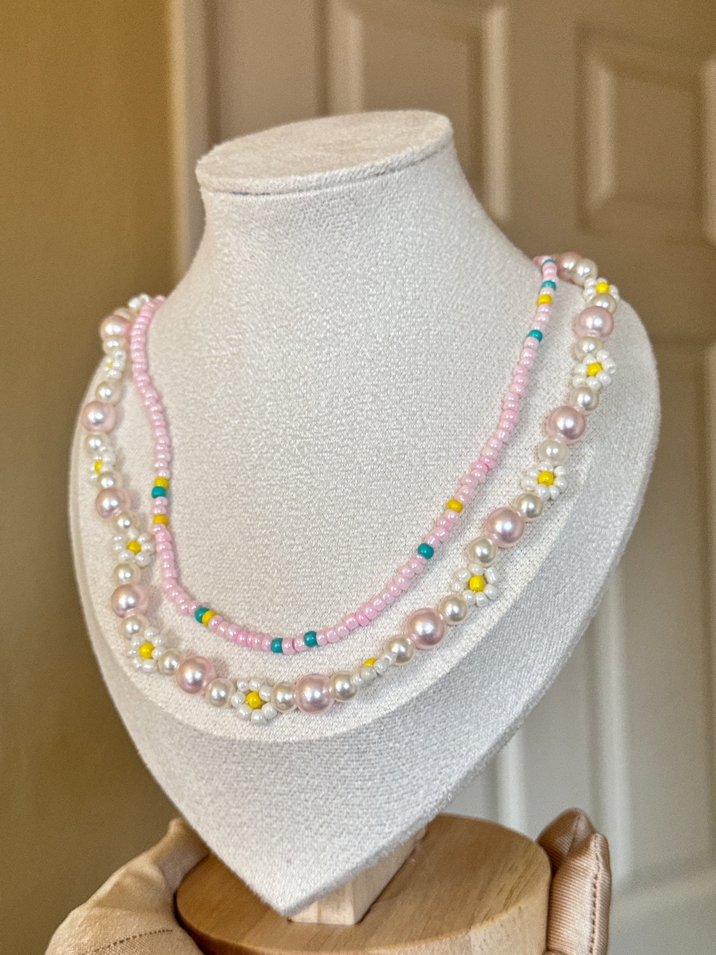 Pink Beaded Flower Double Necklace necklace