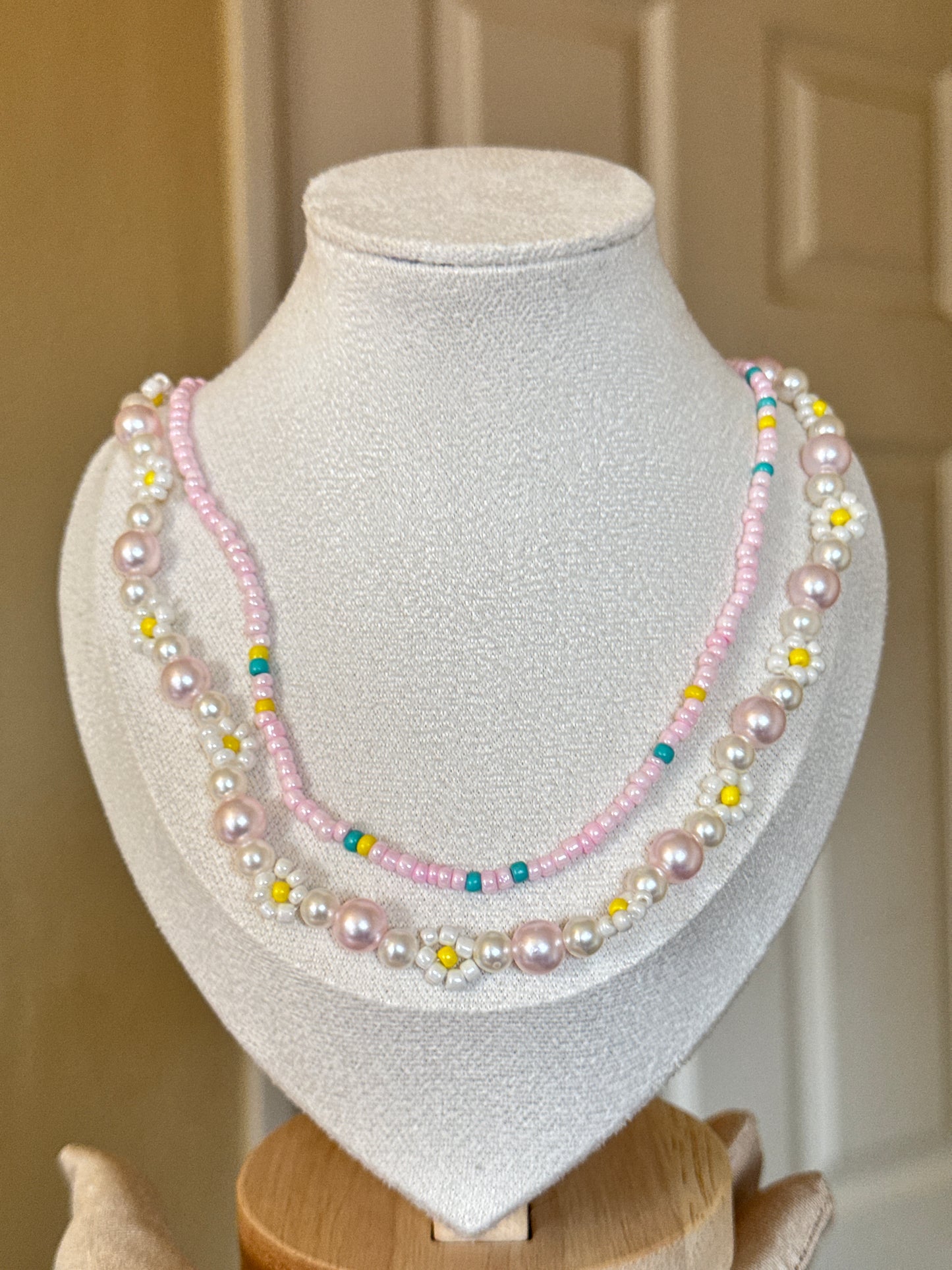 Pink Beaded Flower Double Necklace necklace