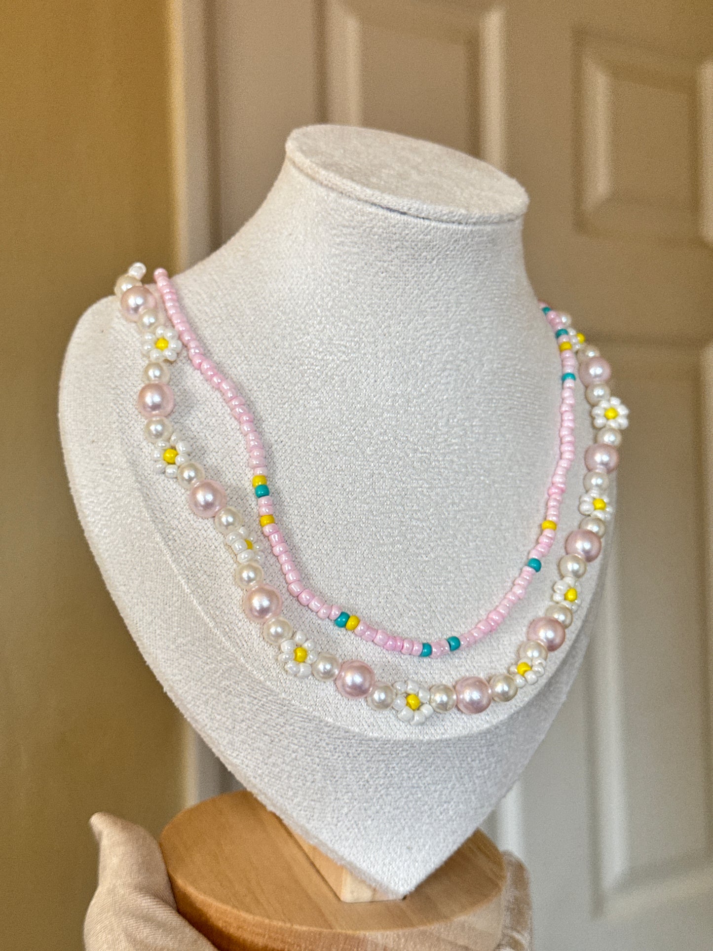 Pink Beaded Flower Double Necklace necklace