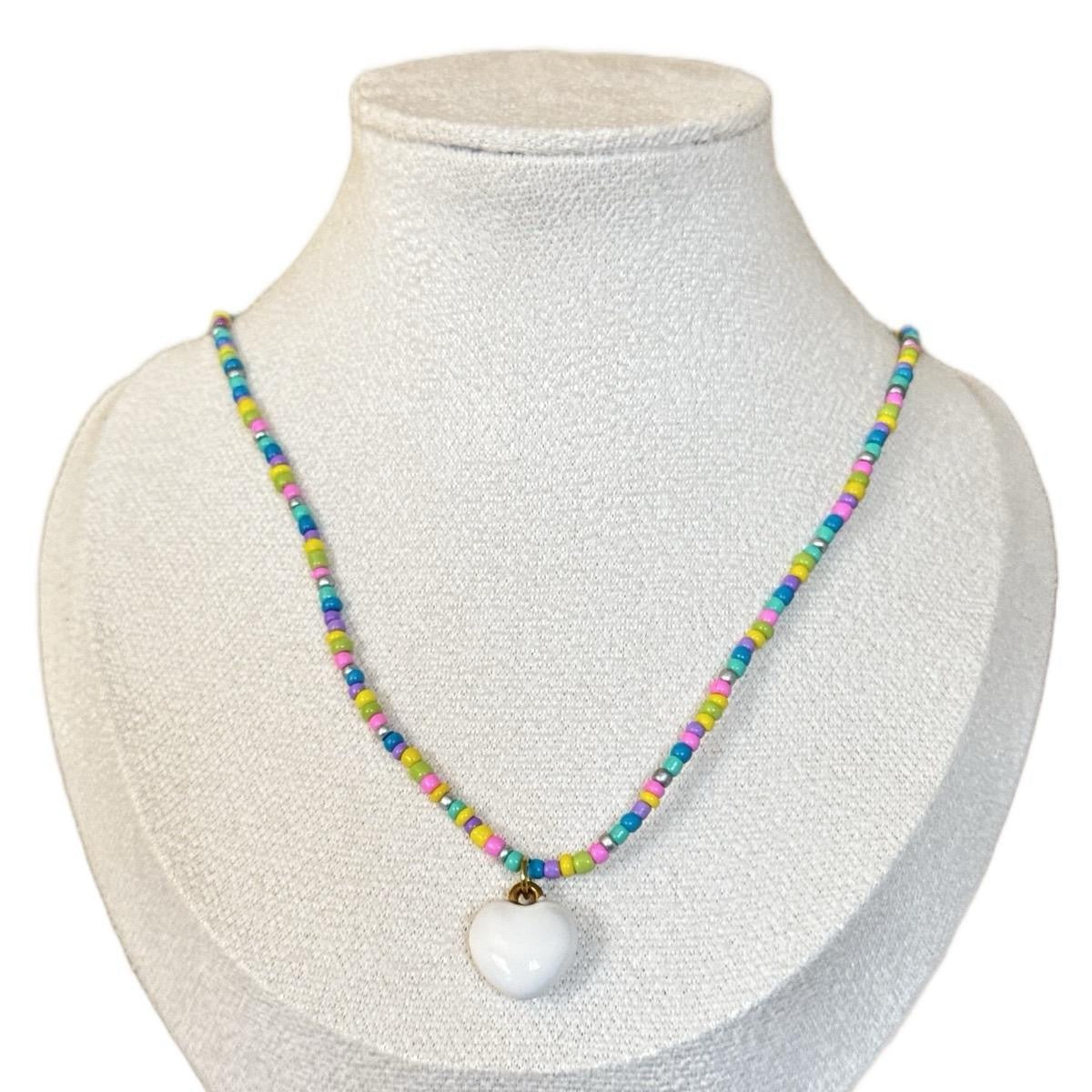 Multi-color~Candy color beaded heart necklace