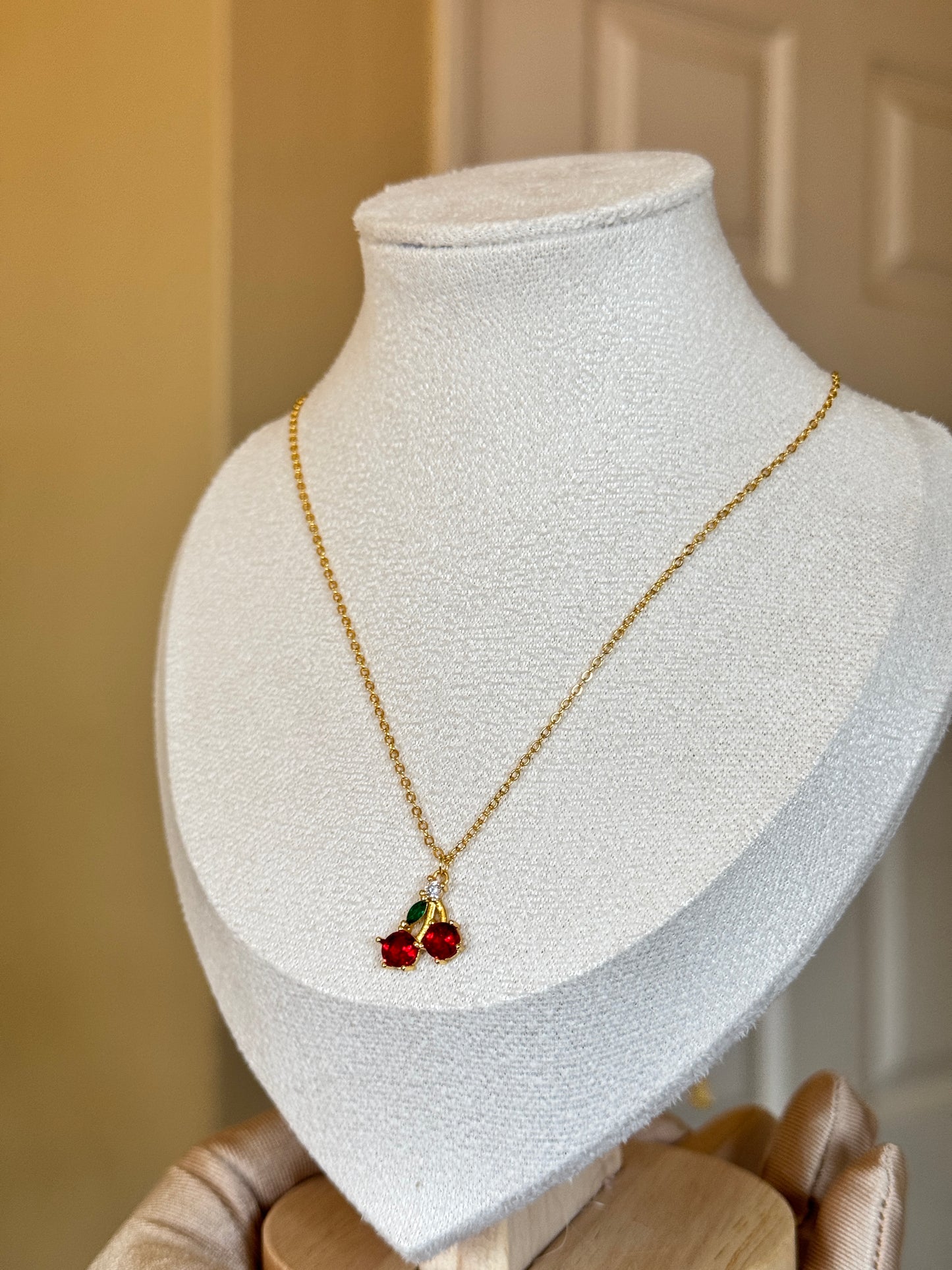 Cherry Colored Zirconia Fruit Necklace