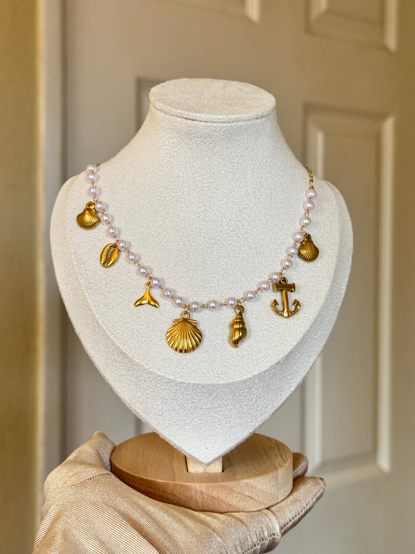 Gold Pearl Charm Necklace - Stainless Steel with Gold Pearl Charm, Unisex Design, Metal Coating