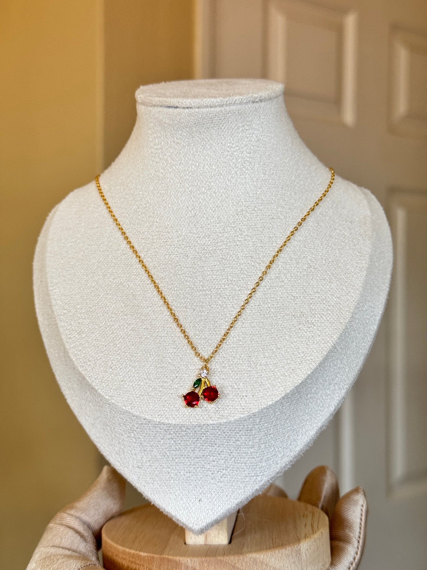 Cherry Colored Zirconia Fruit Necklace