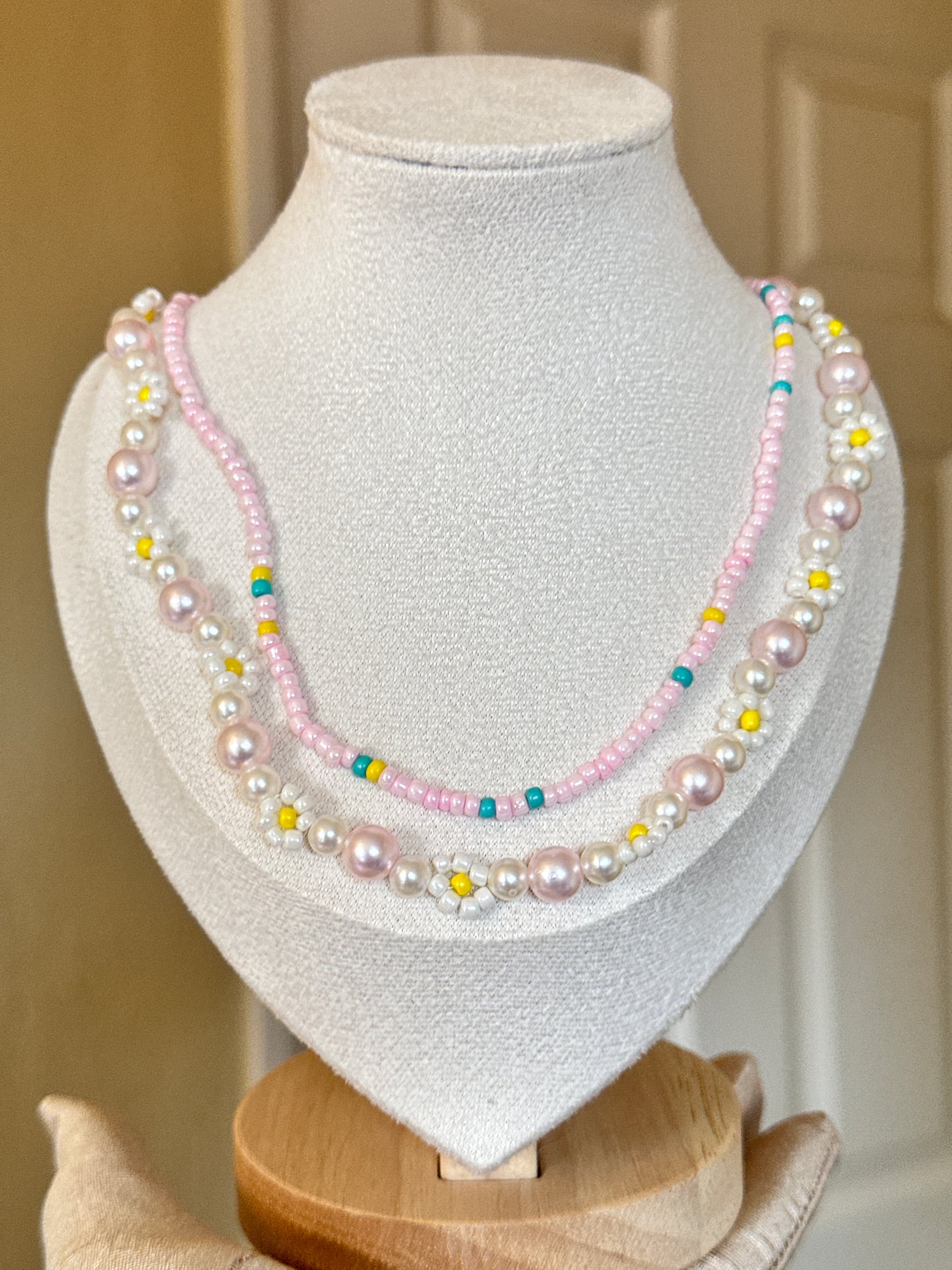 Pink Beaded Flower Double Necklace necklace