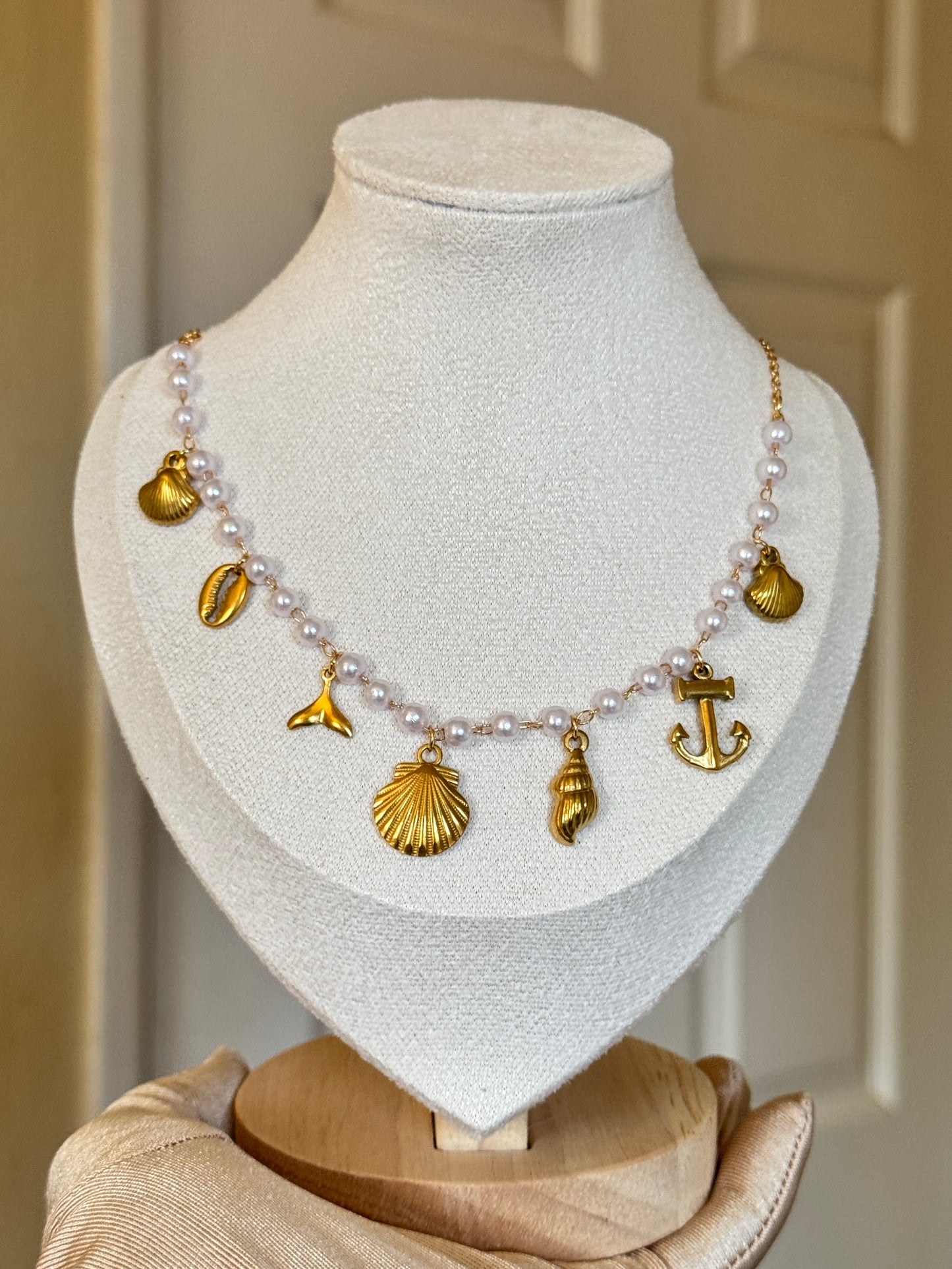 Gold Pearl Charm Necklace - Stainless Steel with Gold Pearl Charm, Unisex Design, Metal Coating