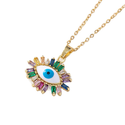 Zircon Colored Oil Drop Devil Eye Necklace - Female Micro-Inlaid Brass Gold-Plated with Starfish Shell Charm, Stainless Steel Pendant, Vintage Style