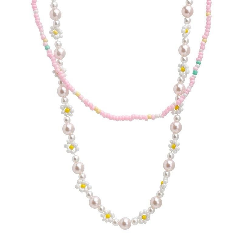 Pink Beaded Flower Double Necklace necklace