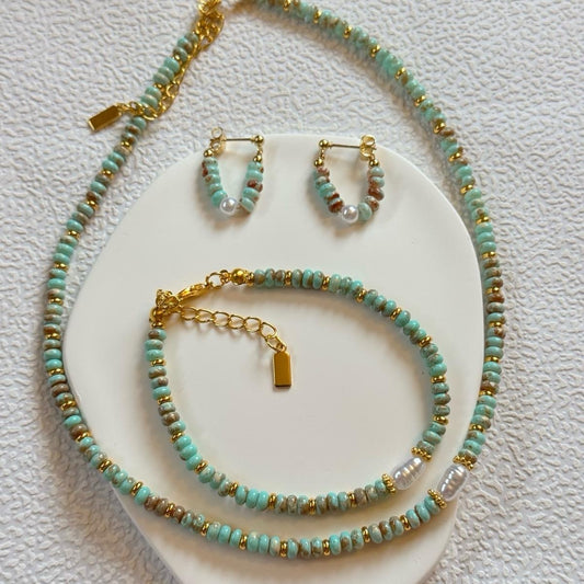 3pc Set Rice Pearl beaded necklace ,Earrings & Bracelet necklace girlfriend accessory